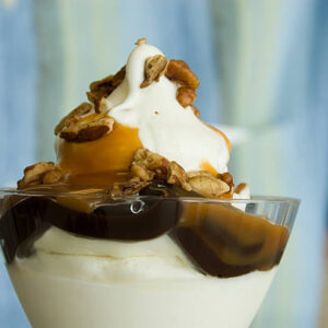 Hot fudge ice cream sundae close-up