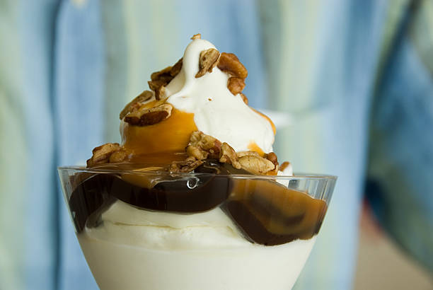 Hot fudge ice cream sundae close-up